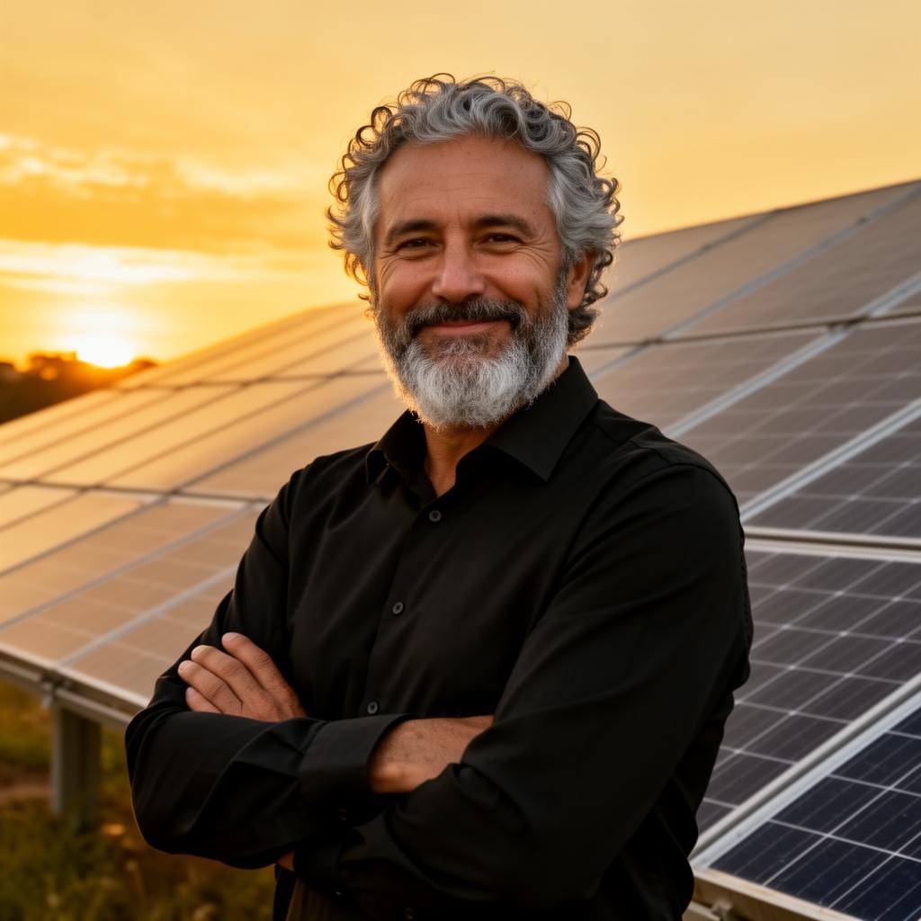 Especialista Energia Certa em frente a painéis solares